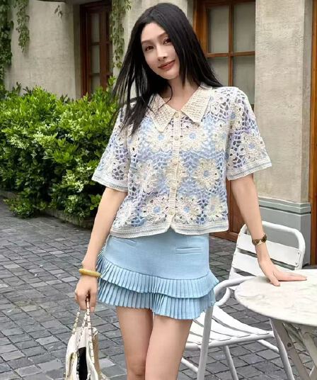 2026 여름 프랑스식 레트로 홀로우 아웃 자수 반팔 여성 셔츠 디자인 센스 작은 대중 고유 한 Chic 쇼트 스타일 맨위