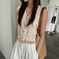 批发2026夏季新款纯棉韩系ins设计感小众刺绣女宽松针织衫流苏马甲