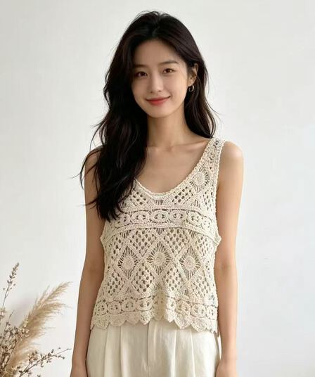 2026 여름 새로운 레트로 민소매 니트 조끼 작은 대중 홀로우 아웃 디자인 쇼트 스타일 외부 가져 가라. 작은 조끼