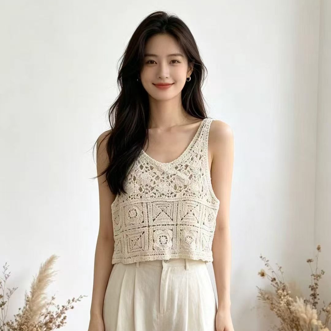 2026 여름 새로운 레트로 민소매 니트 조끼 작은 대중 홀로우 아웃 디자인 쇼트 스타일 외부 가져 가라. 작은 조끼