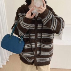 批发实拍 2026秋冬条纹连帽毛衣女<b class='q'>大码</b>胖mm宽松慵懒风中长款针织开衫