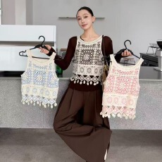批发2026秋季新款波西米亚风针织吊带薄款钩花镂空无袖外搭叠穿背心