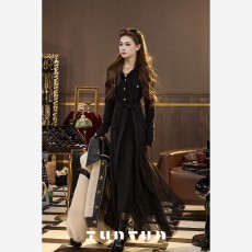 批发吞吞TUNT秋冬【舒缓尾调】拼好裙 气质翻领柔纱<b class='q'>连衣裙</b>
