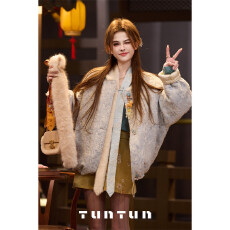批发吞吞TUNT<b class='q'>秋</b>冬【东方既白】两面穿 撒银锻面拼接中式蓝提花羽绒服