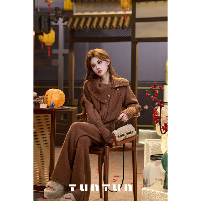 삼키기 tunt 가을 겨울 순순 밤나무 밤나무 레트로 아름다움 라드. 느긋한 좋은 플래시 트위스트 꽃 폴로 칼라 모직물 세트