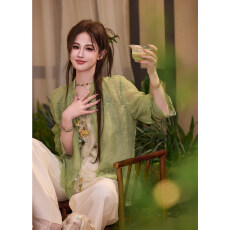 批发吞吞TUNT<b class='q'>春</b>夏【茶煎】清冷茶气 气质立领盘扣蕾丝小衫