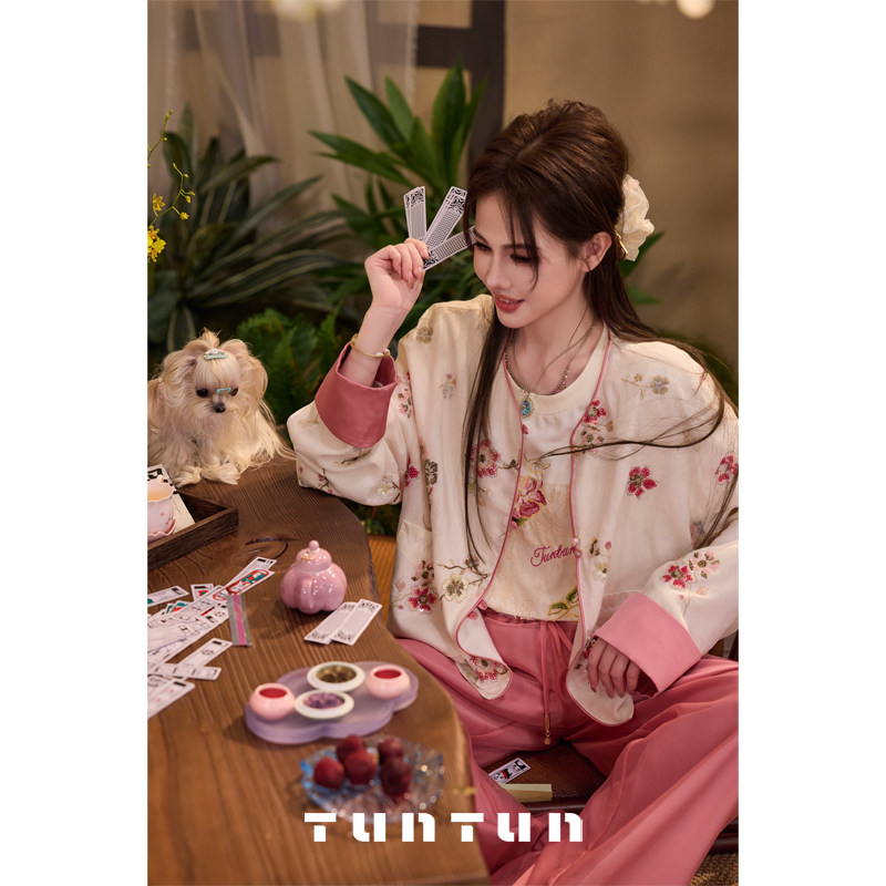 삼키기 tunt 봄 여름 꽃핀 록 새로운 중식 국풍 무거운 작업 꽃무늬 구슬 조각 자수 배색 얇은 코트