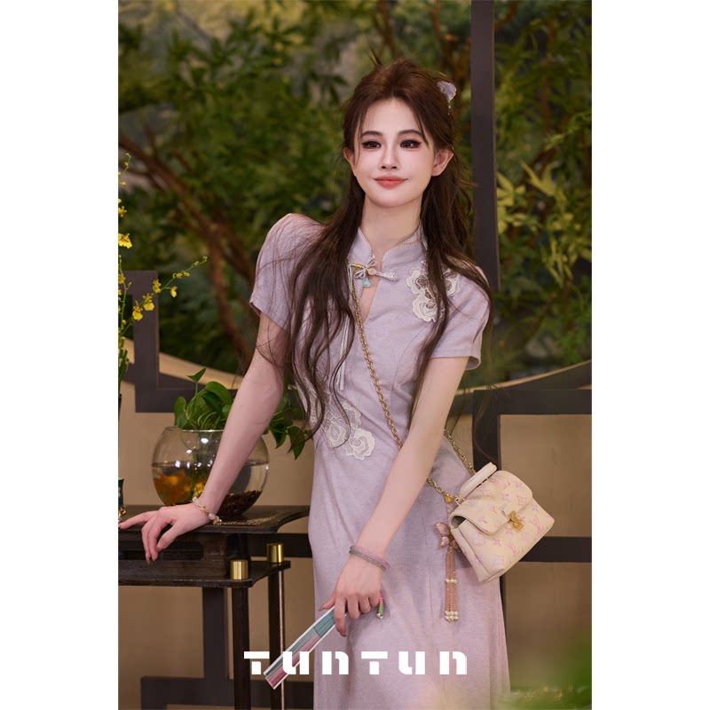 삼키기 tunt 봄 여름 동양의 아름다움 새로운 중식 치파오 연기 보라색 단추 레이스 니트 드레스