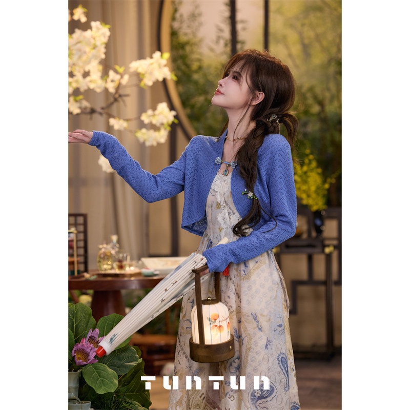 삼키기 tunt 봄 여름 블루 수구 새로운 중식 단추 곡선 밑단 홀로우 아웃 니트 숄 오픈 가디건