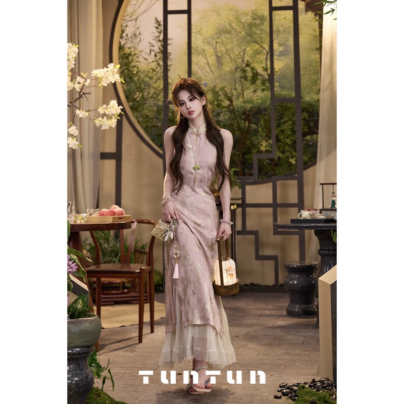 삼키기 tunt 봄 여름 20 치파오 새로운 중식 개선 다림질 금박 자카드 작은 스탠드 칼라 민소매 드레스