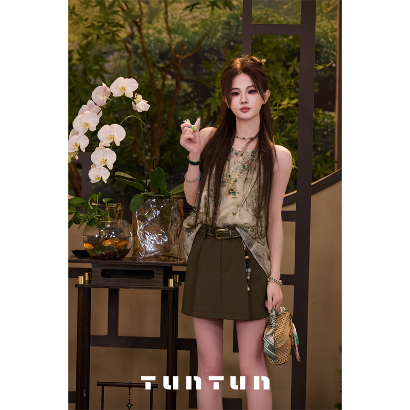 삼키기 tunt 봄 여름 游园 작은 말 절묘한 레트로 하이웨이스트 딱딱한 한 마디 스카프 행침 가을 벨트 미니 스커트