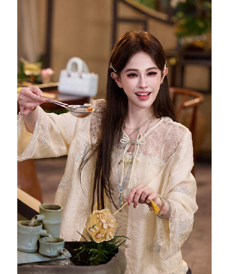 삼키기 tunt 봄 여름 청 이슬 빛 럭셔리 깃발 새로운 중식 무거운 작업 단추 구슬 자수 오픈 가디건 스택 착용 블라우스