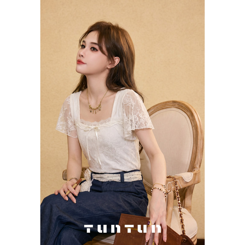 삼키기 tunt 봄 여름 레이스 꽃 편지 절묘한 몽환 발레 소녀 바람 프릴 레이스 광장 칼라 티셔츠