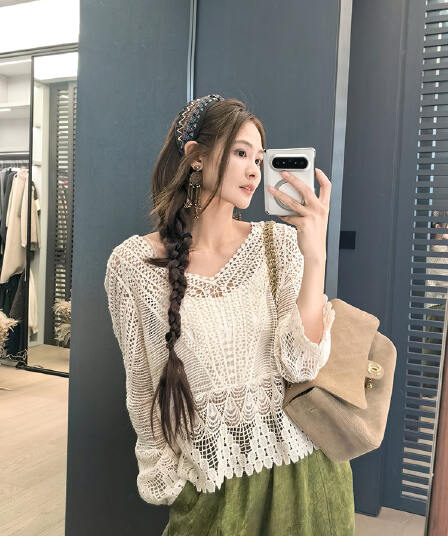 아름다움 대양 meiyang 웨이브 쌀 레이스 셔츠 보헤미안 긍정적 인 어깨 V넥 홀로우 아웃 긴팔 블라우스