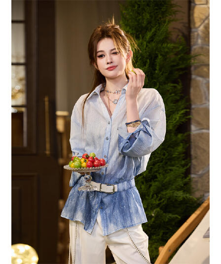 삼키기 tuntun 봄 여름 백조 반사 빛 럭셔리 좋은 플래시 그라데이션 블루 펌프 Pleat 허리 수축 그라데이션 폴로 칼라 셔츠