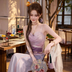 批发吞吞TUNTUN<b class='q'>春</b>夏【双蝶】梦幻仙女风紫雾桃心领渐变网纱吊带外穿