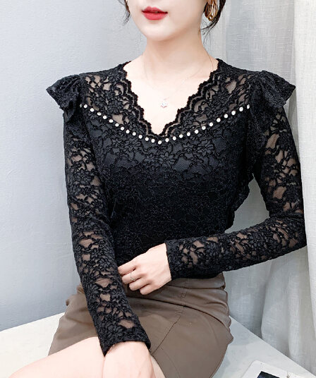 레이스 홀로우 아웃 가을 겨울철 새로운 V넥 못 훈련 연꽃 잎 외국 가스 몸매 가꾸기 슬림해 보이는 만나는 여성 셔츠 외출용 트렌디