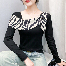 批发轻熟风外穿潮女装新款撞色拼接斜领飘带显瘦长袖<b class='q'>时尚</b>百搭T恤上衣