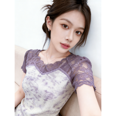 批发性感镂空花纹蕾丝U型方领<b class='q'>时尚</b>钉珠短袖T恤女夏冰丝网纱短款<b class='q'>打底衫</b>