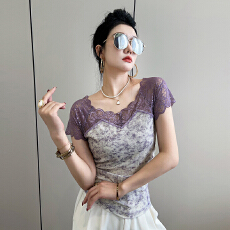 批发性感镂空花纹蕾丝U型方领<b class='q'>时尚</b>钉珠短袖T恤女夏冰丝网纱短款<b class='q'>打底衫</b>