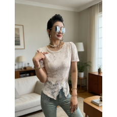 批发韩系蕾丝钩花圆领订珍珠短袖不规则开叉上衣女夏洋气<b class='q'>修身</b>显瘦打底