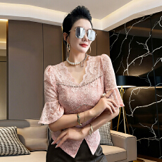 批发法式潮蕾丝高级性感v领订钻镂空泡泡中袖夏季开叉<b class='q'>修身</b>小衫女上衣