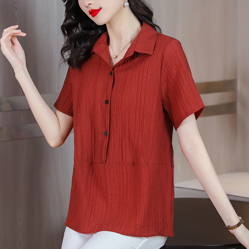 MY9148# 夏棉麻衬衫翻领短袖t恤宽松遮肚洋气小衫女裝貨源服裝批發