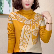 批发有货2025秋冬烫钻长袖t恤<b class='q'>中老年</b>妈妈气质内搭印花上衣时尚<b class='q'>打底衫</b>