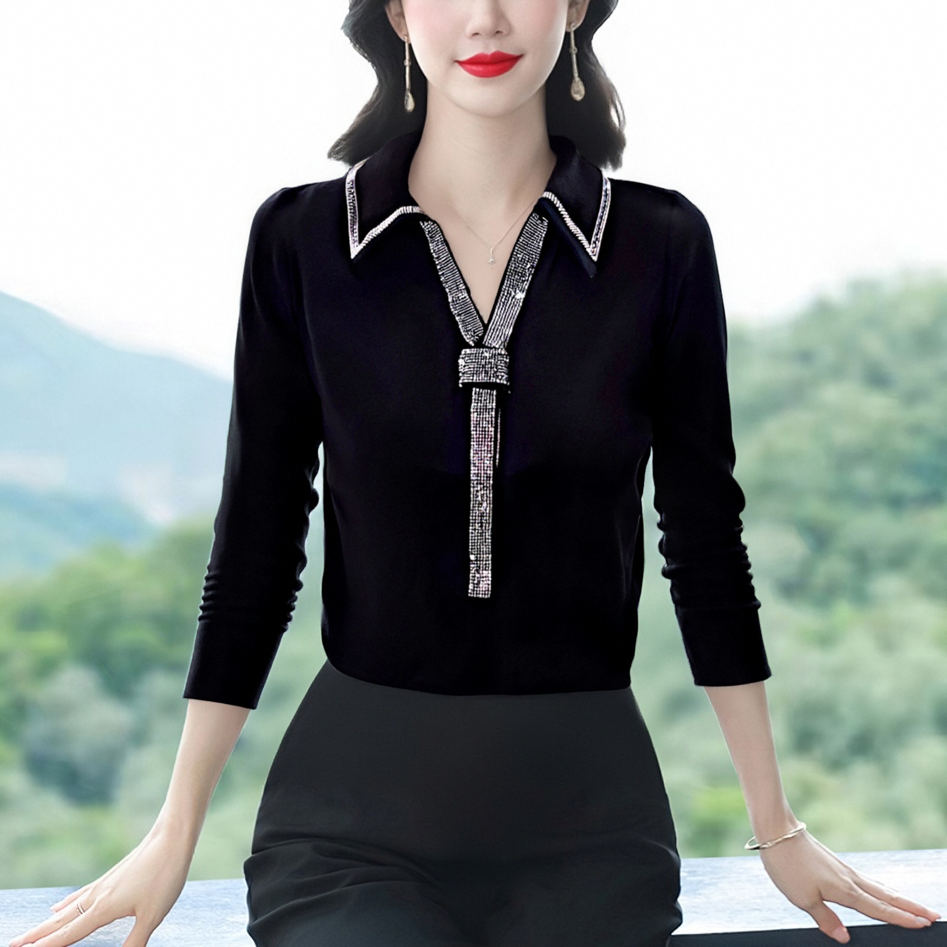 2026 년 봄 드레스 새로운 긴팔 티셔츠 엄마 폴로 칼라 신축성 맨위 여성 품격 작은 셔츠 프린트 중년 여성