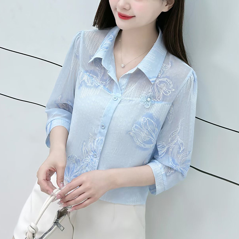 RY1918# 有货2026年春夏新款宽松遮肚上衣印花衬衫中老年妈妈洋气小衫女装