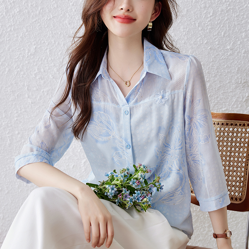 RY1917# 实拍2026年夏装新款套头衬衫宽松遮肚印花上衣年轻妈妈洋气小衫女