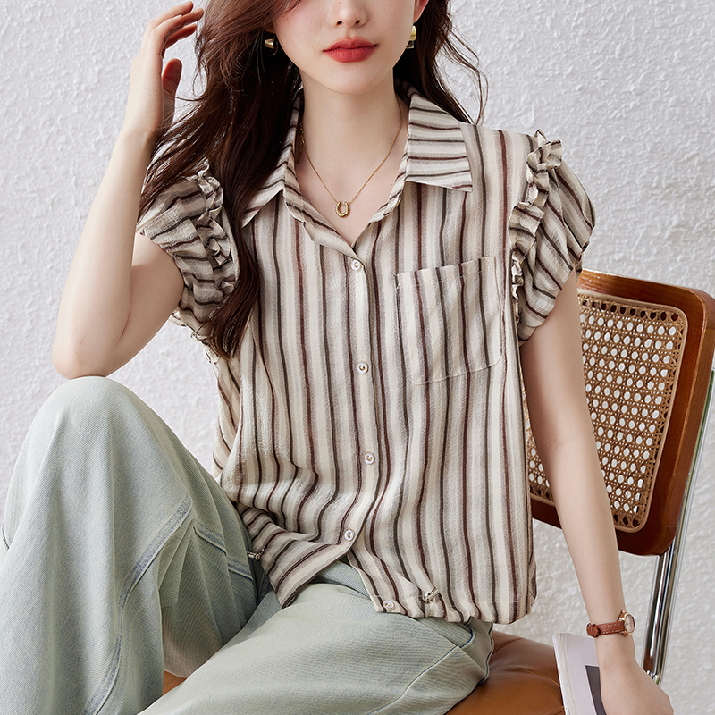 RY1914# 实拍2026年夏新款条纹衬衫年轻妈妈时尚女装洋气小衫宽松遮肚上衣