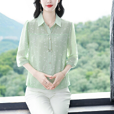 批发有货实拍2025年春夏新款七分袖衬衫宽松遮肚上衣印花年轻<b class='q'>妈妈</b>女装