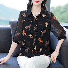 批发有货2026年夏装新款衬衣印花衬衫气质宽松遮肚上衣中年<b class='q'>妈妈装</b>真丝