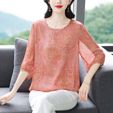 批发实拍有货2026年夏新款新中式印花上衣真丝衬衣母亲节<b class='q'>妈妈</b>气质t恤