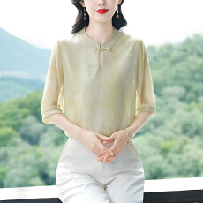 批发实拍有货2025年夏新款新中式印花上衣真丝衬衣母亲节<b class='q'>妈妈</b>国风衬衫