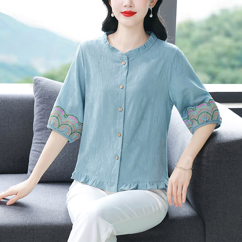 실사 재고 있음 2026 순면 셔츠 자수 면 린넨 루즈핏 표지 배 맨위 중노년 엄마 새로운 중식 셔츠
