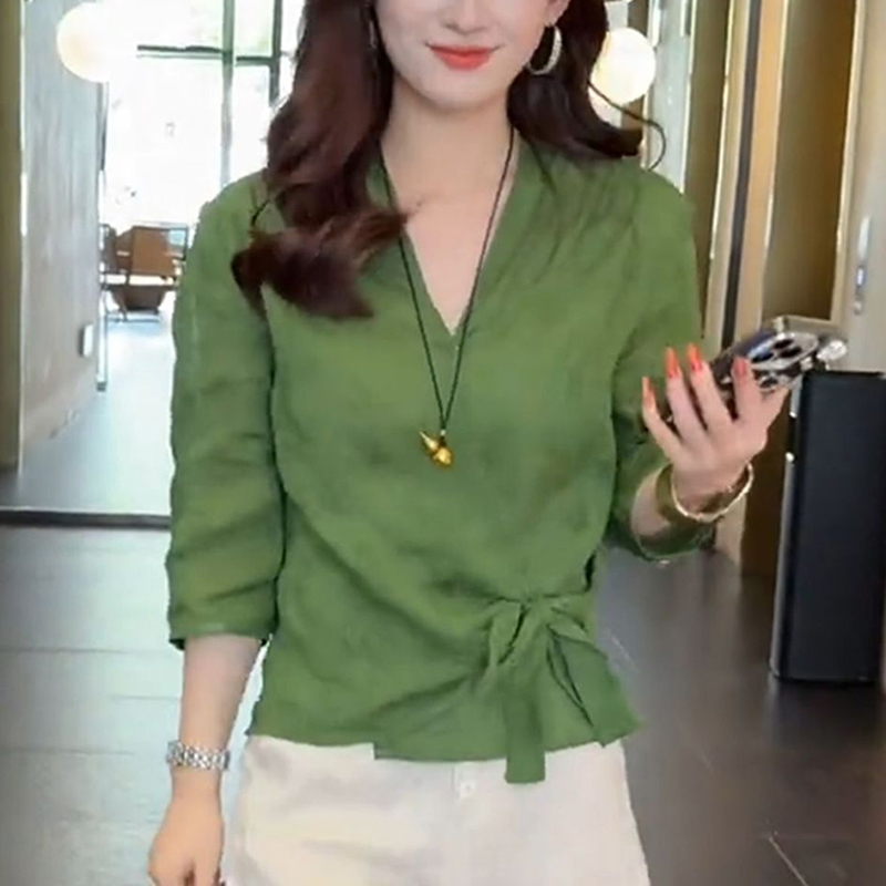2026 년 여름 드레스 새로운 면 린넨 셔츠 슬림해 보이는 맨위 7부 소매 셔츠 패션 여성 허리 수축 레이스업 작은 셔츠