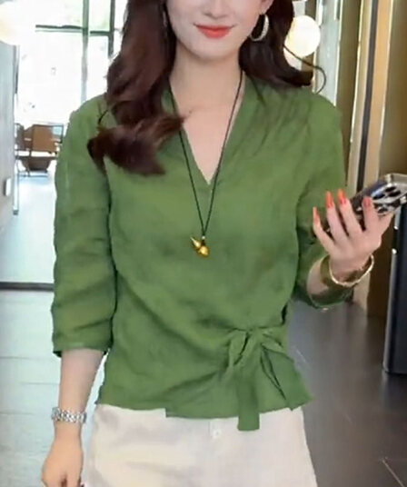 2026 년 여름 드레스 새로운 면 린넨 셔츠 슬림해 보이는 맨위 7부 소매 셔츠 패션 여성 허리 수축 레이스업 작은 셔츠