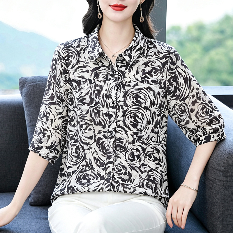 실사 2026 년 여름 프린트 셔츠 빅 사이즈 품격 셔츠 루즈핏 표지 배 맨위 엄마 여름 드레스 아름다운 작은 셔츠