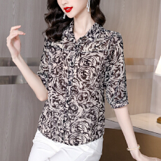 批发实拍2026年夏真丝衬衫大码雪纺宽松遮肚上衣中年<b class='q'>妈妈</b>夏装漂亮小衫