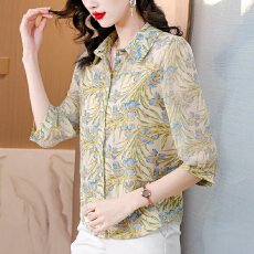 批发实拍2026夏装新款衬衫七分袖真丝衬衣小衫<b class='q'>妈妈</b>宽松遮肚印花上衣女
