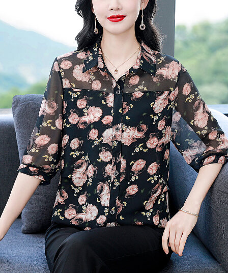 실사 2026 년 여름 드레스 새로운 프린트 셔츠 실크 루즈핏 표지 배 맨위 품격 작은 셔츠 어머니 드레스