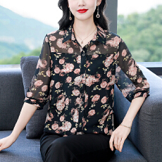 批发实拍2026年夏<b class='q'>装</b>新款印花衬衫真丝宽松遮肚上衣气质小衫<b class='q'>妈妈</b><b class='q'>装</b>
