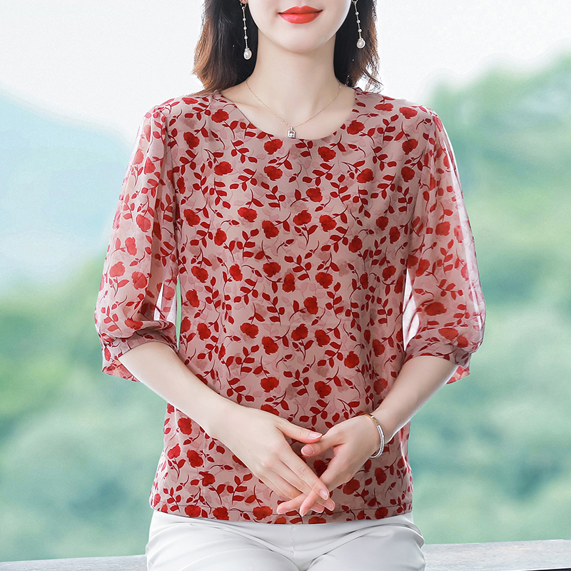 실사 2026 년 여름 드레스 새로운 실크 루즈핏 프린트 표지 배 맨위 중년 여성 엄마 반팔 티셔츠