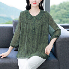 批发实拍2026年春夏新款真丝衬衫宽松遮肚印花遮肚<b class='q'>上衣</b>妈妈中老年女装