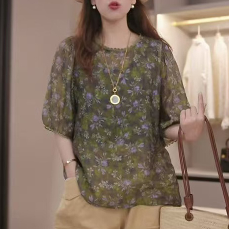 레트로 문예 바람 슬림해 보이는 2026 년 여름 루즈핏 표지 배 티셔츠 프린트 루즈핏 맨위 영 엄마 여성 의류