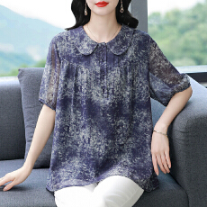 批发实拍2026夏装新款真丝衬衫宽松遮肚印花上衣妈妈加肥<b class='q'>加大</b>码衬衣