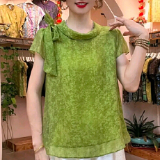 批发夏季新款新中式国风气质短袖<b class='q'>T</b><b class='q'>恤</b>女显瘦减龄优雅百搭透气舒适上衣