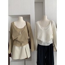 批发焦糖色V领镂空针织衫女早秋新款<b class='q'>宽松</b>显瘦叠穿内搭吊带背心两件套